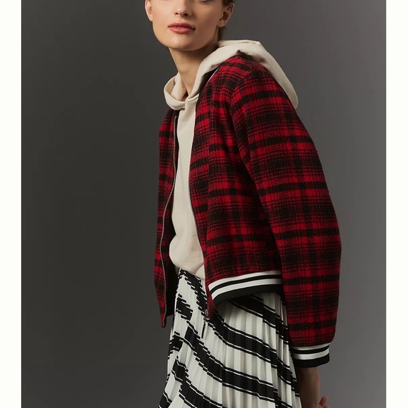 Maeve Jackets & Blazers - Maeve Red and Black Plaid Bomber Jacket